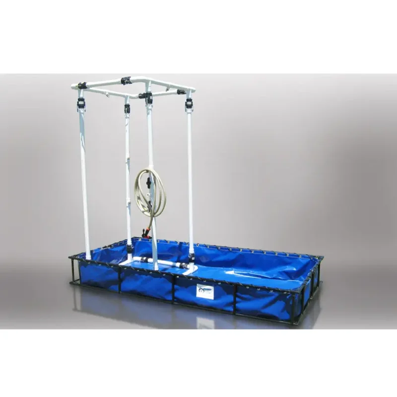 Husky® Portable Decontamination Shower System set up inside a decontamination pool, providing a complete, self-contained solution for hazardous material rinsing during emergency response operations.