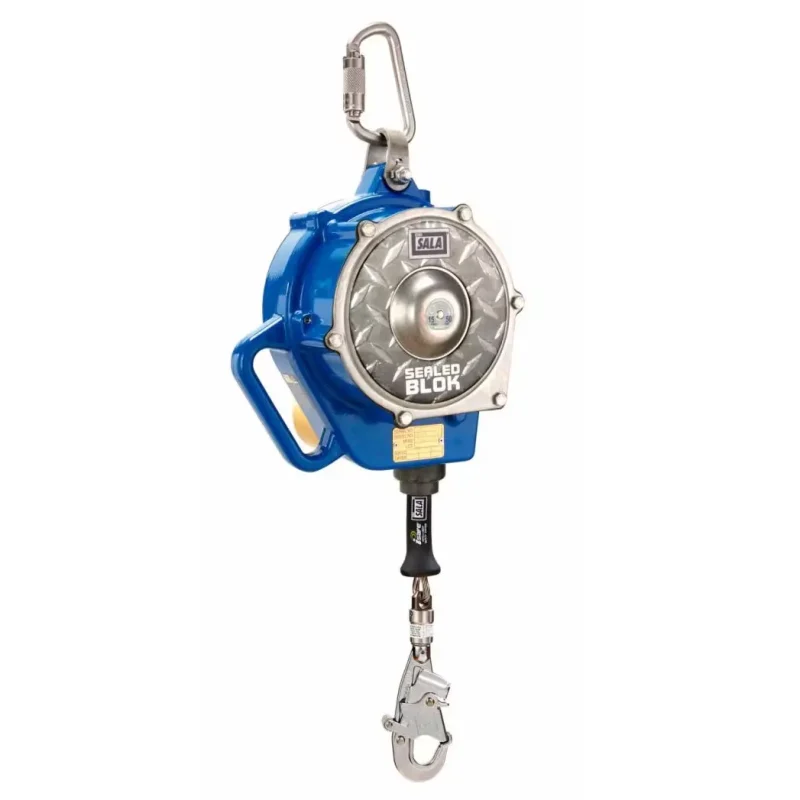 Front view of the 3M™ DBI-SALA® Sealed-Blok™ Self-Retracting Lifeline – 50 ft showing the extended fall protection cable with securely attached carabiner and the winch handle in the raised position for easy retrieval and safety.