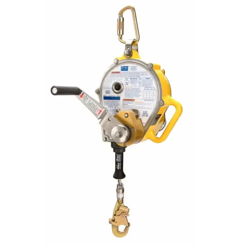 Back view of 3M™ DBI-SALA® Sealed-Blok™ Self Retracting Lifeline – 50 ft with carabiner attached, highlighting its rugged sealed housing and secure connection point.