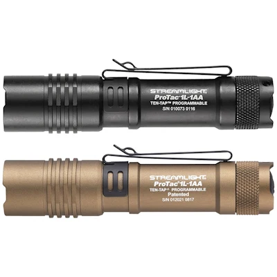 Streamlight® ProTac® 1L-1AA everyday carry flashlight with Ten-Tap programmable switch shown in black and coyote tan finishes.