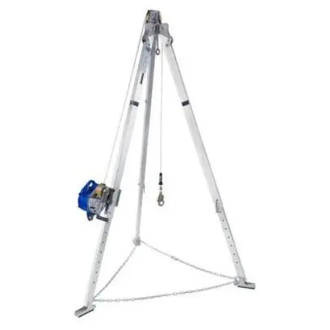 3M™ DBI-SALA® Advanced™ Aluminum Tripod – 7 ft equipped with an alternative winch and cable system, featuring telescoping adjustable locking legs, built-in pulley system, rubber safety shoes with spiked edges, and safety leg support chain to ensure safe and efficient confined space entry and rescue operations.