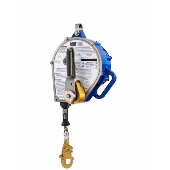 Back view of the 3M™ DBI-SALA® Sealed-Blok™ Self-Retracting Lifeline showing the sealed housing and mounting setup with the winch handle in the raised position for retrieval readiness and fall protection.