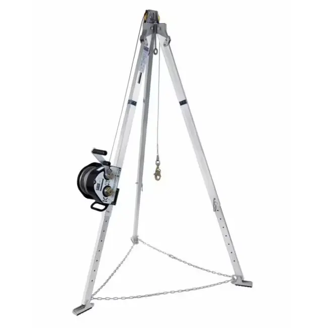 3M™ DBI-SALA® Advanced™ Aluminum Tripod with winch attached, highlighting its full setup for safe and efficient confined space entry and rescue operations.