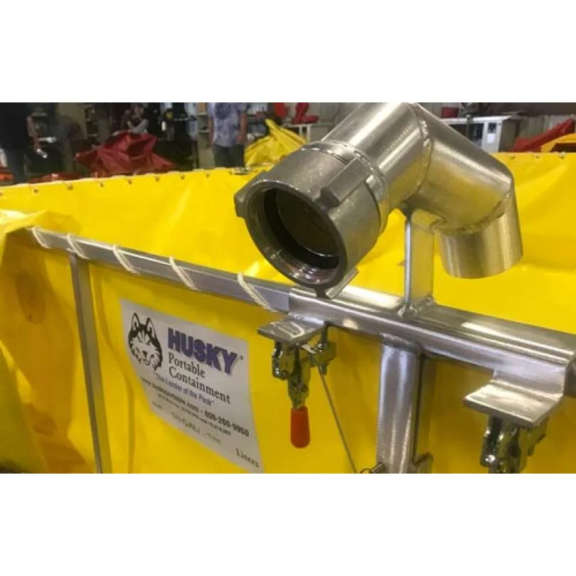 Close-up of a Husky® Supply Line Bracket mounted on a water tank, highlighting its secure attachment and effective hose management during firefighting operations.