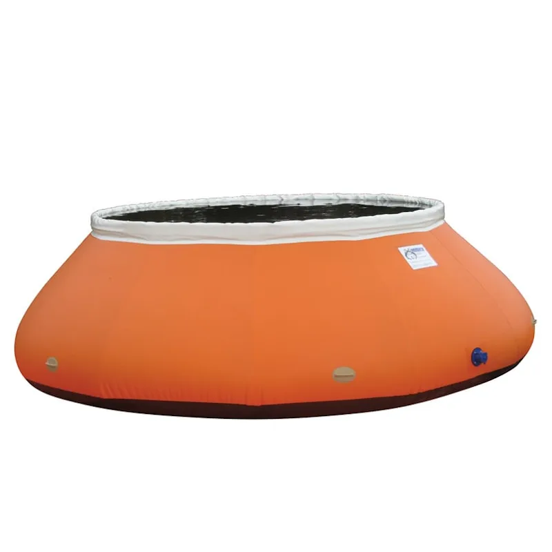 Orange Husky® self-supporting frameless portable water tank with white upper collar and side fittings, shown from a low side angle.