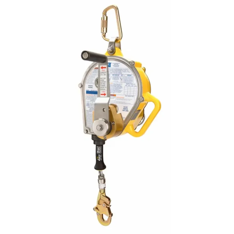 Back view of the 3M™ DBI-SALA® Sealed-Blok™ Self-Retracting Lifeline – 50 ft showing the sealed housing, mounted carabiner, and winch handle in the raised position for safe and controlled fall protection.