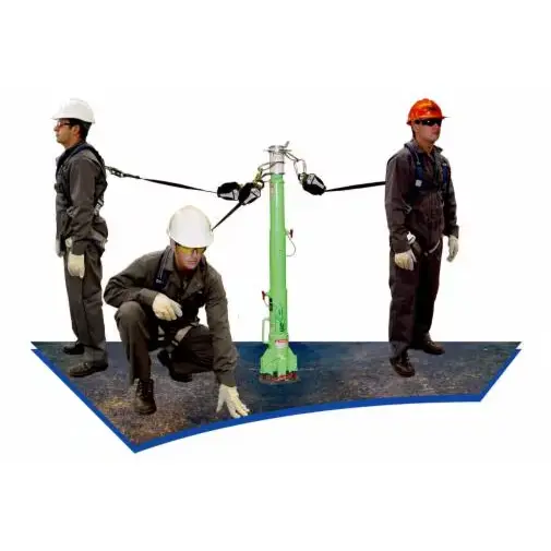3M™ DBI-SALA® Advanced™ Portable Fall Arrest Post in use with three workers safely attached, demonstrating its multi-user tie-off capability for elevated fall protection.