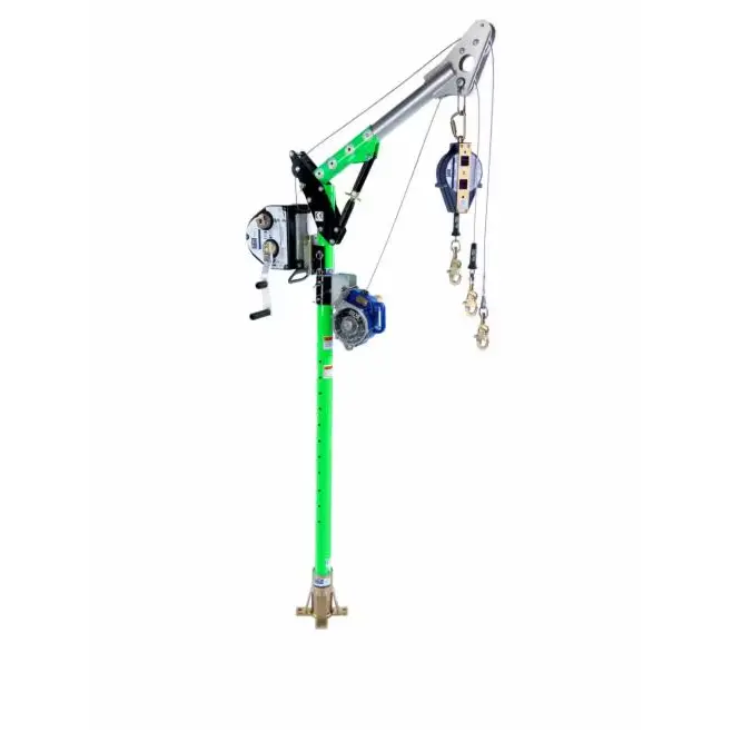 3M™ DBI-SALA® Advanced™ Confined Space Floor Mount Sleeve Davit Base is attached to a raised hoist system, providing a stable floor-mounted anchorage point for elevated confined space entry and rescue operations.