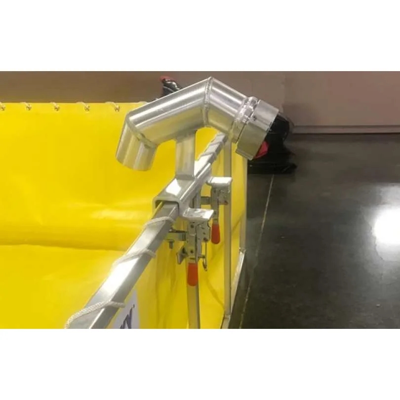 Side view close-up of a Husky® Supply Line Bracket mounted on a water tank, showcasing its sturdy construction and secure hose support for efficient firefighting operations.