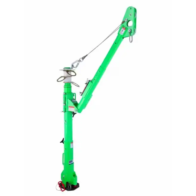Side view of 3M™ DBI-SALA® Advanced™ Portable Fall Arrest Post with top extended and hoist system attached – a complete fall protection and rescue solution designed for confined space access, featuring a durable anchor post and integrated mechanical hoist system.