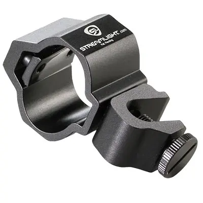 Mountable clip for the Streamlight® PolyTac® Flashlight designed to securely attach the flashlight to headgear, helmets, or belts for convenient hands-free lighting during tactical and emergency operations.