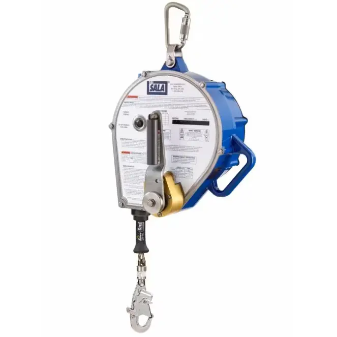 Back view of the 3M™ DBI-SALA® Sealed-Blok™ Self-Retracting Lifeline featuring the sealed housing, mounting bracket with attached carabiner, and winch handle in the raised position for controlled fall protection.