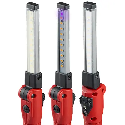 Three Streamlight® Strion Switchblade® flashlights side by side, each demonstrating different lighting settings, highlighting the versatile dual-head design for tactical and emergency applications.