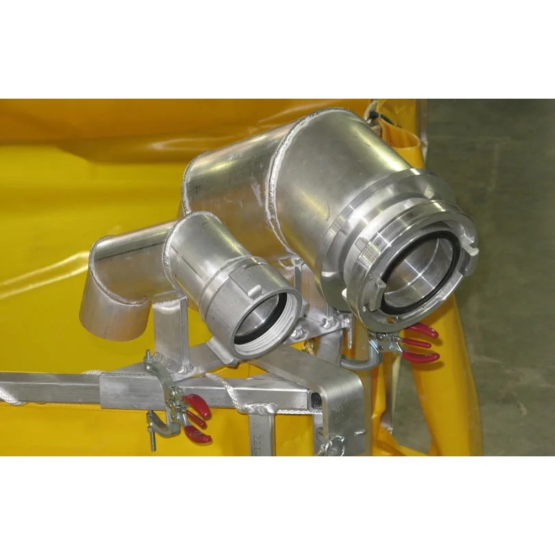 Front left side view close-up of two Husky® Supply Line Brackets mounted on a water tank, showcasing their secure attachment and efficient hose organization for firefighting use.
