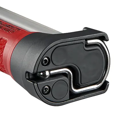 Bottom view of the Streamlight® Strion Switchblade® flashlight, highlighting the integrated hook for convenient hanging and hands-free use during tactical and emergency operations.