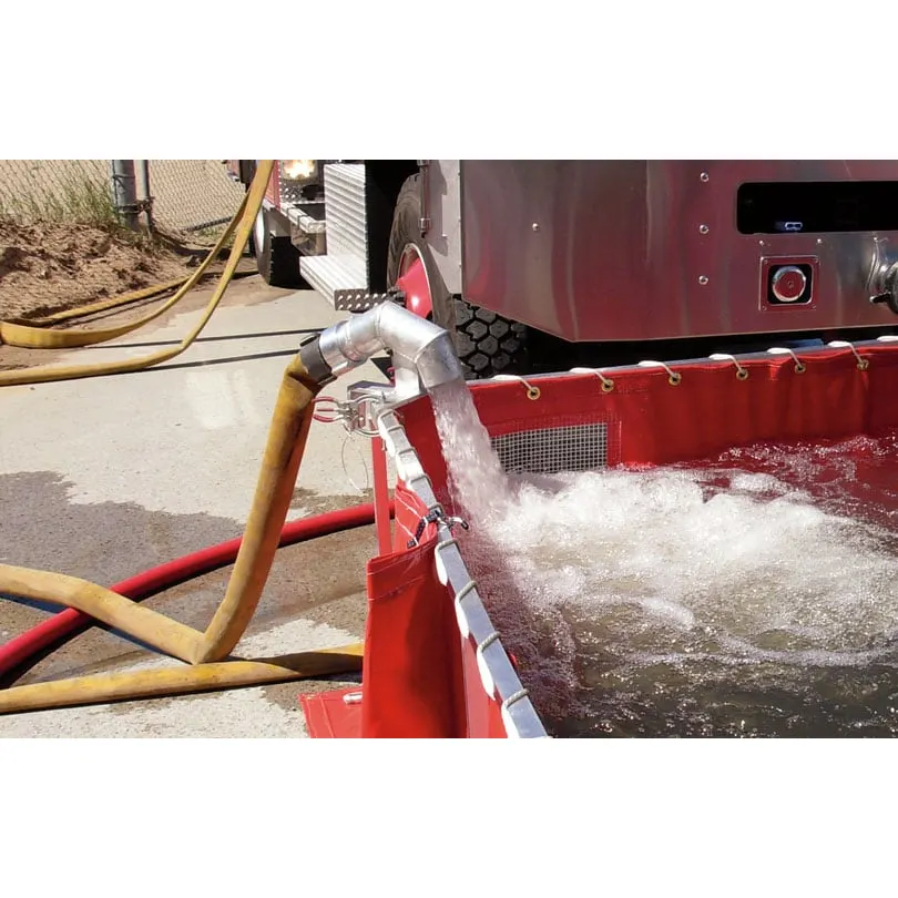 A Husky® Supply Line Bracket in use mounted on a water tank, securely holding a supply hose while filling the tank during firefighting operations.