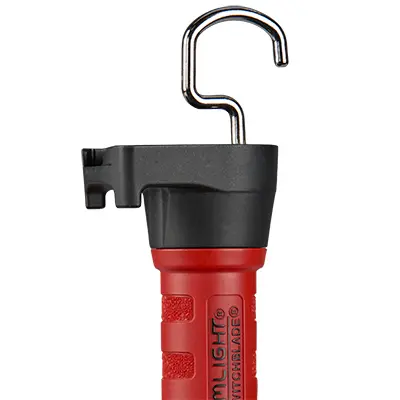 Bottom view of the Streamlight® Strion Switchblade® flashlight with the hook extended, designed for convenient hanging and hands-free use in tactical and emergency situations.