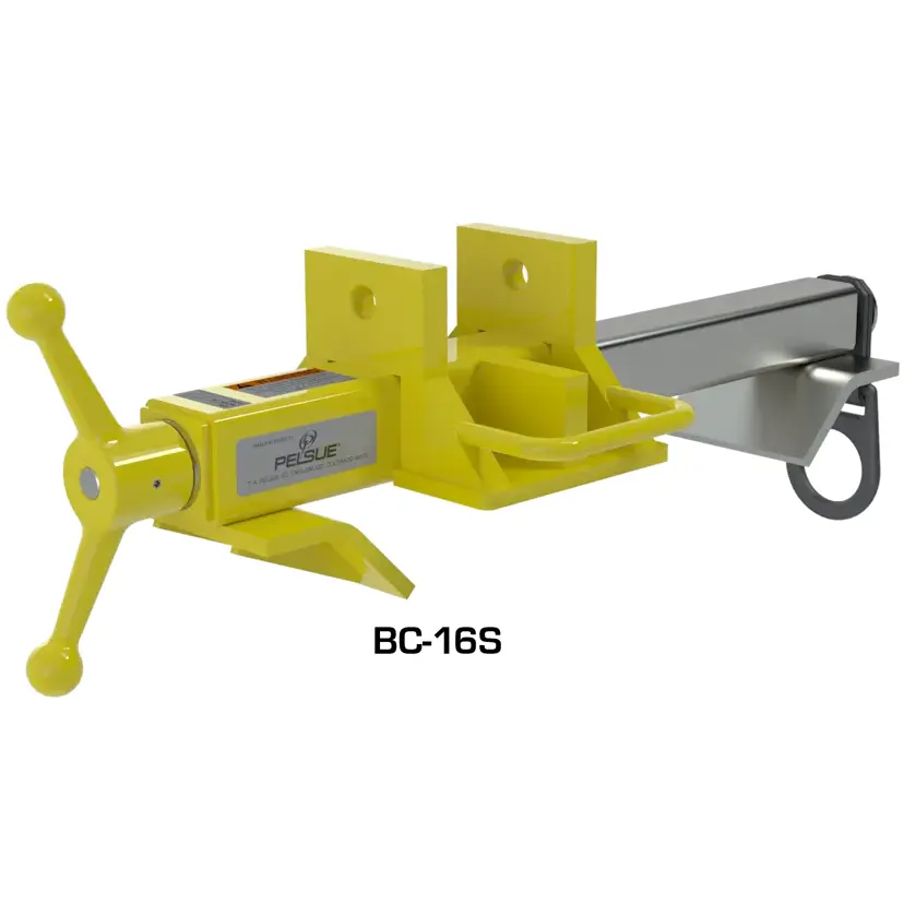 Pelsue® BC-16S Adjustable Beam Clamp Base designed for I-beam mounting, featuring heavy-duty steel construction, adjustable clamping jaws, and a secure anchoring point for confined space and fall protection equipment.