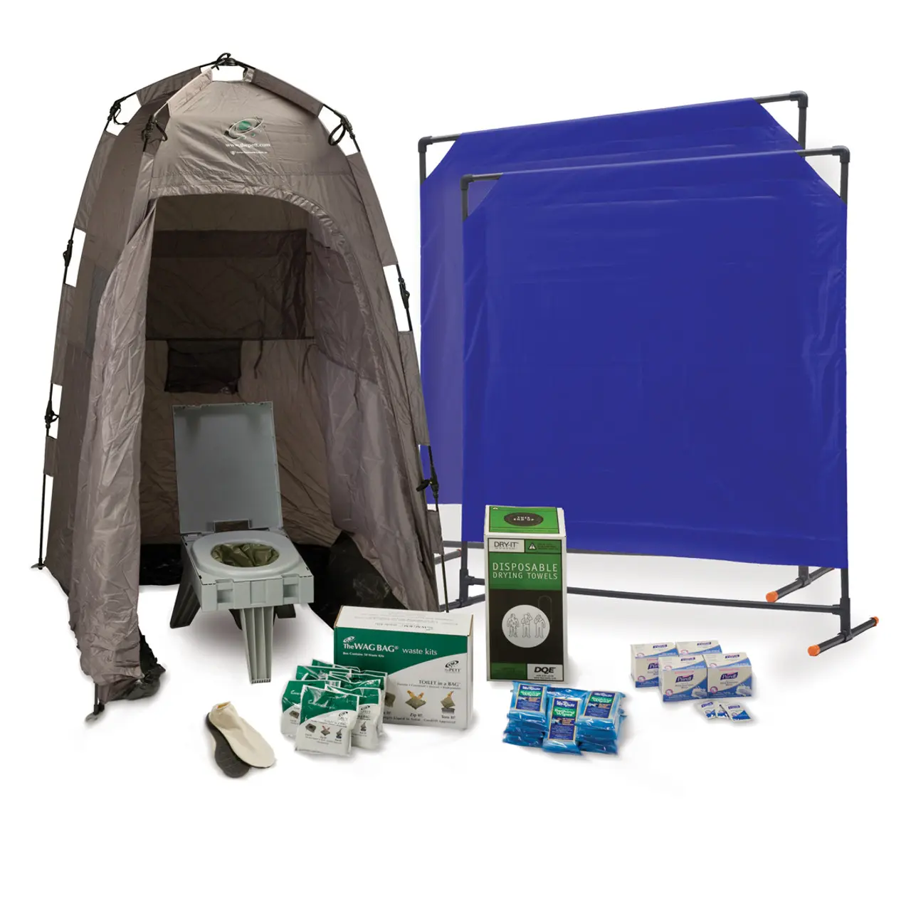 A compact DQE® RHK4000 Hygiene Package featuring portable handwashing stations, soap dispensers, and sanitary supplies designed for on-site hygiene and decontamination in emergency and industrial settings.