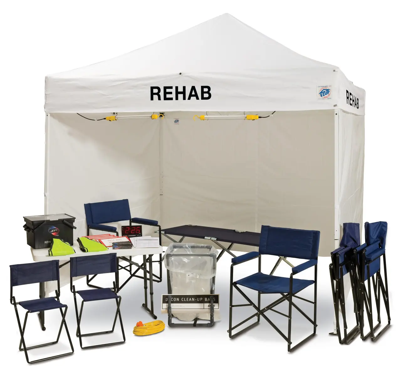 A portable DQE® RHK1000 Rehab Shelter Package featuring a collapsible shelter frame and protective fabric designed to provide on-site rest and rehabilitation space for emergency responders.
