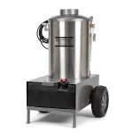 FSI® HEAT 200A Heavy Duty Multi-Fuel Portable Water Heater with stainless tank, wheeled cart base, and fuel reservoir.