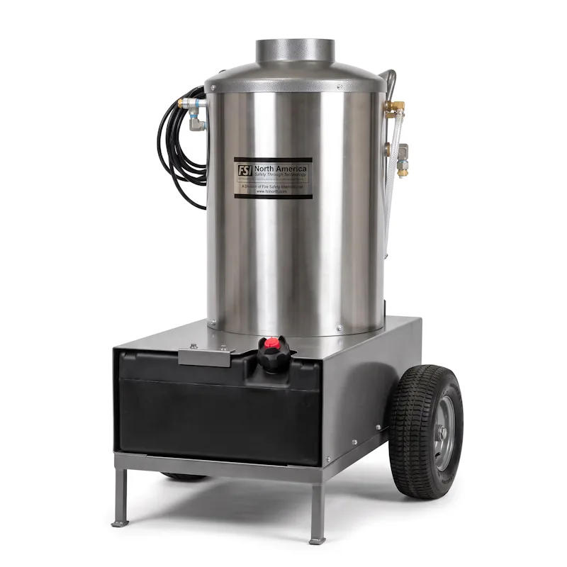FSI® HEAT 200A Heavy Duty Multi-Fuel Portable Water Heater with stainless tank, wheeled cart base, and fuel reservoir.