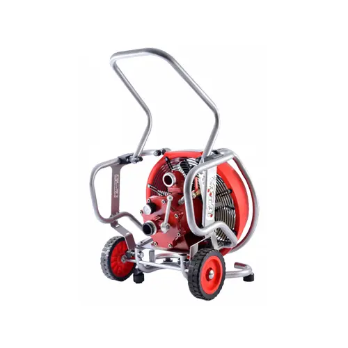 Back side view of the Tempest MH236 NEO Water-Driven Fan with the handle raised, showing the rear frame, wheels, and structural components.