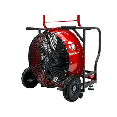 Front side view of the Tempest WD-18 Hydraulic Powered Fan, highlighting its durable design and powerful hydraulic-driven airflow for industrial and emergency ventilation applications.