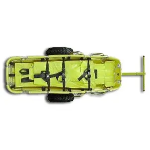 A top view of the International Stretcher Systems Anchor Man Trailer showing its sturdy metal frame, large off-road wheels, and secure mounting areas designed for transporting stretchers and rescue equipment over rough terrain.