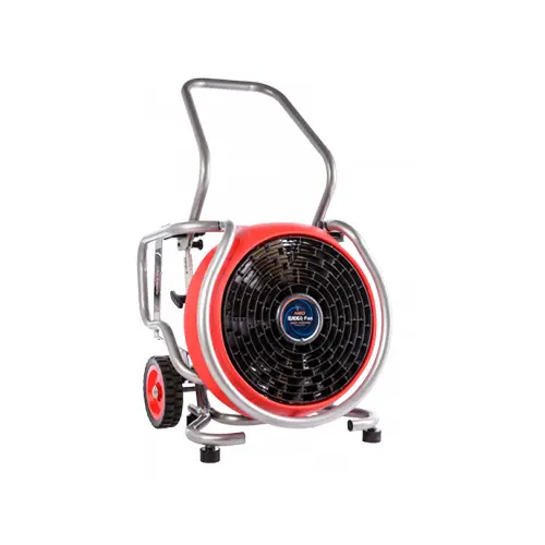 Front side view of the Tempest MH236 NEO Water-Driven Fan with the handle raised, displaying the fan intake, frame, and support structure.