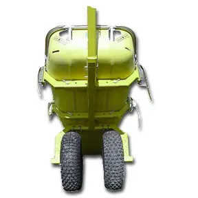 A front view of the International Stretcher Systems Anchor Man Trailer highlighting its robust metal frame, large off-road tires, and towing hitch designed for rugged patient transport in rescue operations.