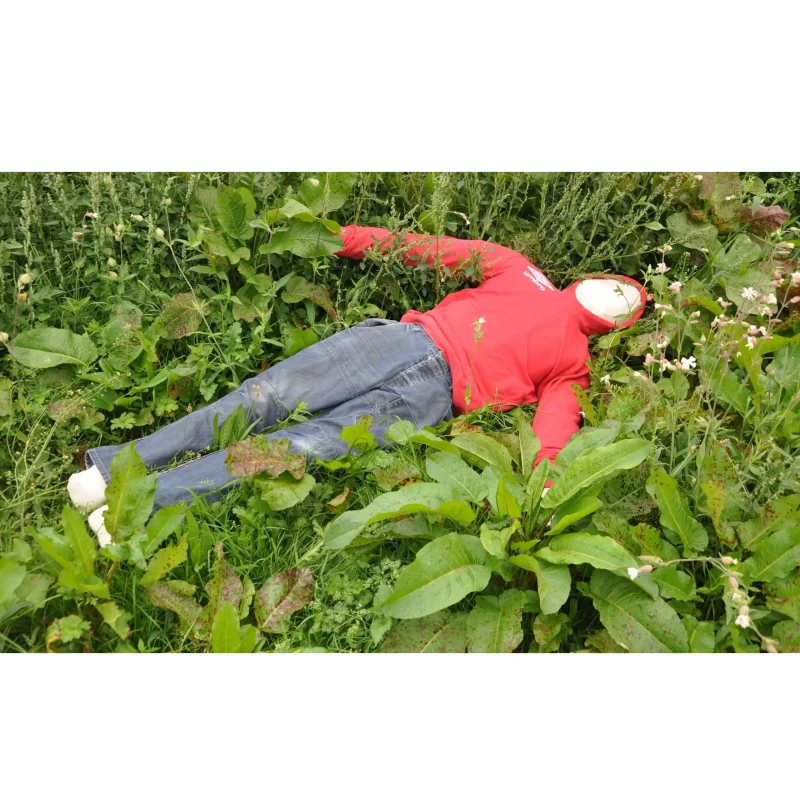 A clothed Ruth Lee™ Mass Casualty Training Manikin lying in vegetation, used for realistic outdoor emergency response and casualty search training.