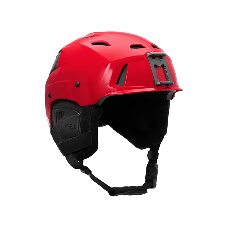 Front right side view of Team Wendy® M-216™ Ski Helmet in red/gray, emphasizing bold design, durable build, and reliable protection for winter sports.