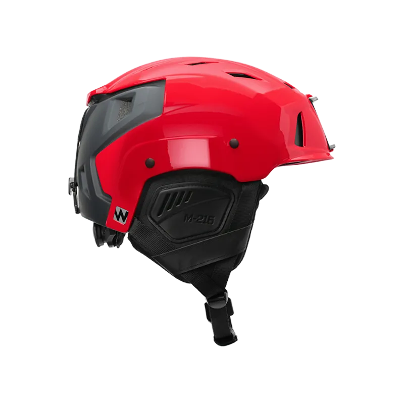 Right side view of Team Wendy® M-216™ Ski Helmet in red/gray, highlighting aerodynamic profile and safety-enhancing structure.