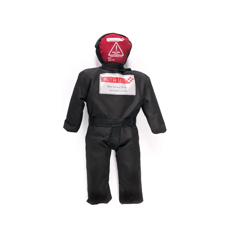 Back view of a Ruth Lee™ Duty Training Manikin in toddler size, used for realistic pediatric rescue training scenarios.