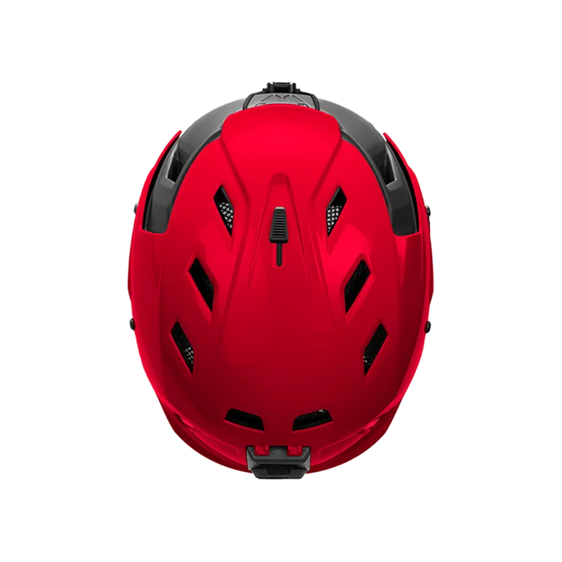 Top view of Team Wendy® M-216™ Ski Helmet in red/gray, highlighting smooth aerodynamic shape and reinforced construction for skiing performance.