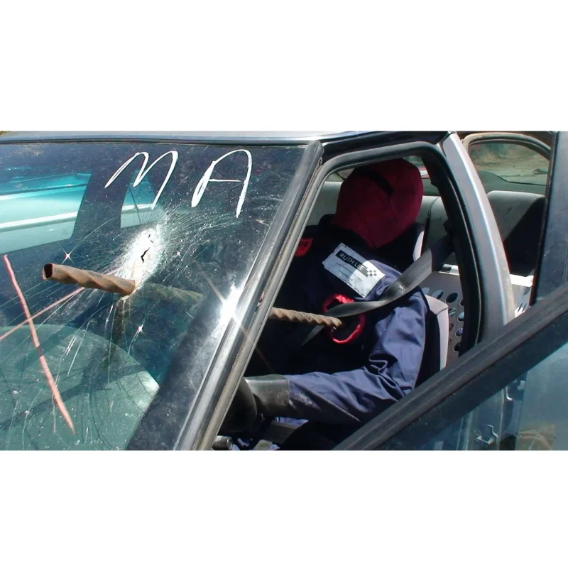 Close-up of a Ruth Lee™ Multi Trauma Training Manikin with impalement injuries seated in the driver’s seat of a car, used for detailed vehicle trauma and extrication training.