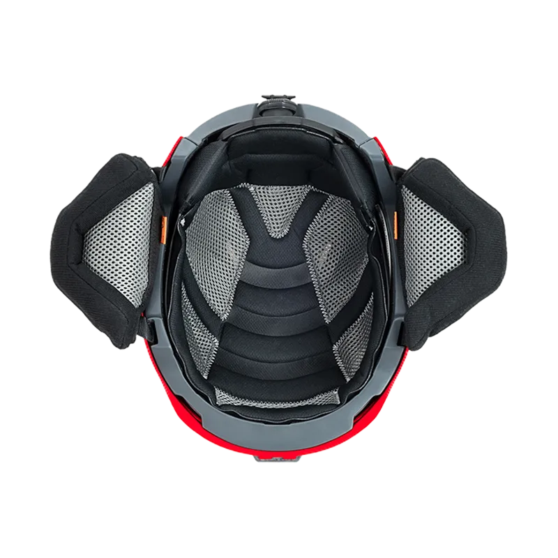 Under view of Team Wendy® M-216™ Ski Helmet in red/gray, showing soft comfort liner, ventilation channels, and adjustable fit system.