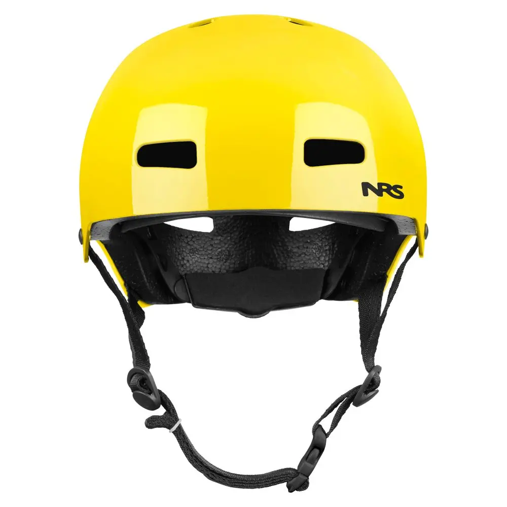 Front view of the NRS Via Helmet in yellow, displaying its protective shell, ventilation openings, and ergonomic design for water rescue and paddlesport safety.