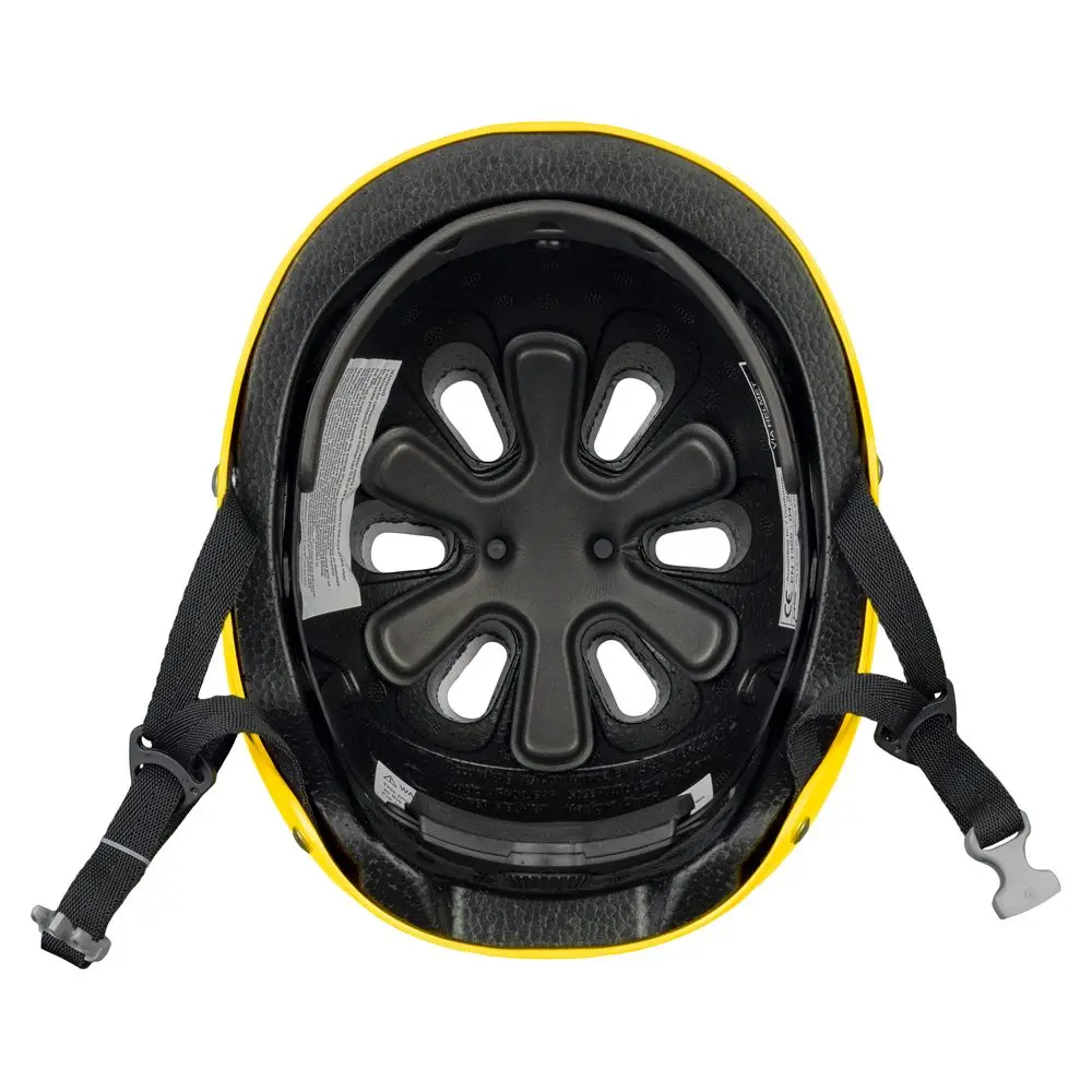 Bottom view of the NRS Via Helmet in yellow, showing the adjustable interior straps, padding, and secure fit system for comfort and safety during water rescue activities.