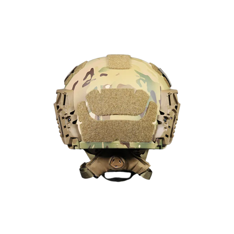 Rear view of a Team Wendy® RIFLETECH™ helmet in multicam camouflage with large hook-and-loop panels on the back of the shell, side accessory rails, and an adjustable rear retention dial with tan straps.