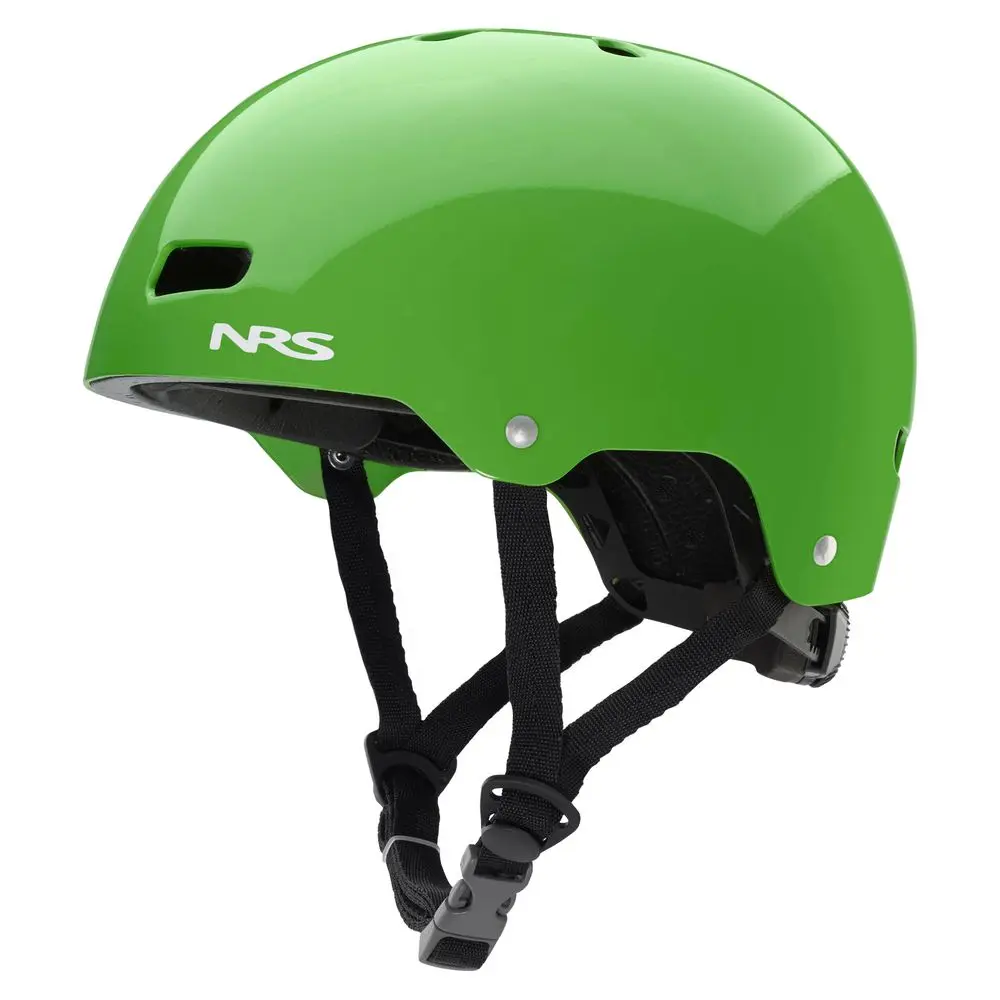 Front-left side view of the NRS Via Helmet in green, showcasing its sleek design, ventilation ports, and adjustable fit system for water rescue and paddling safety.