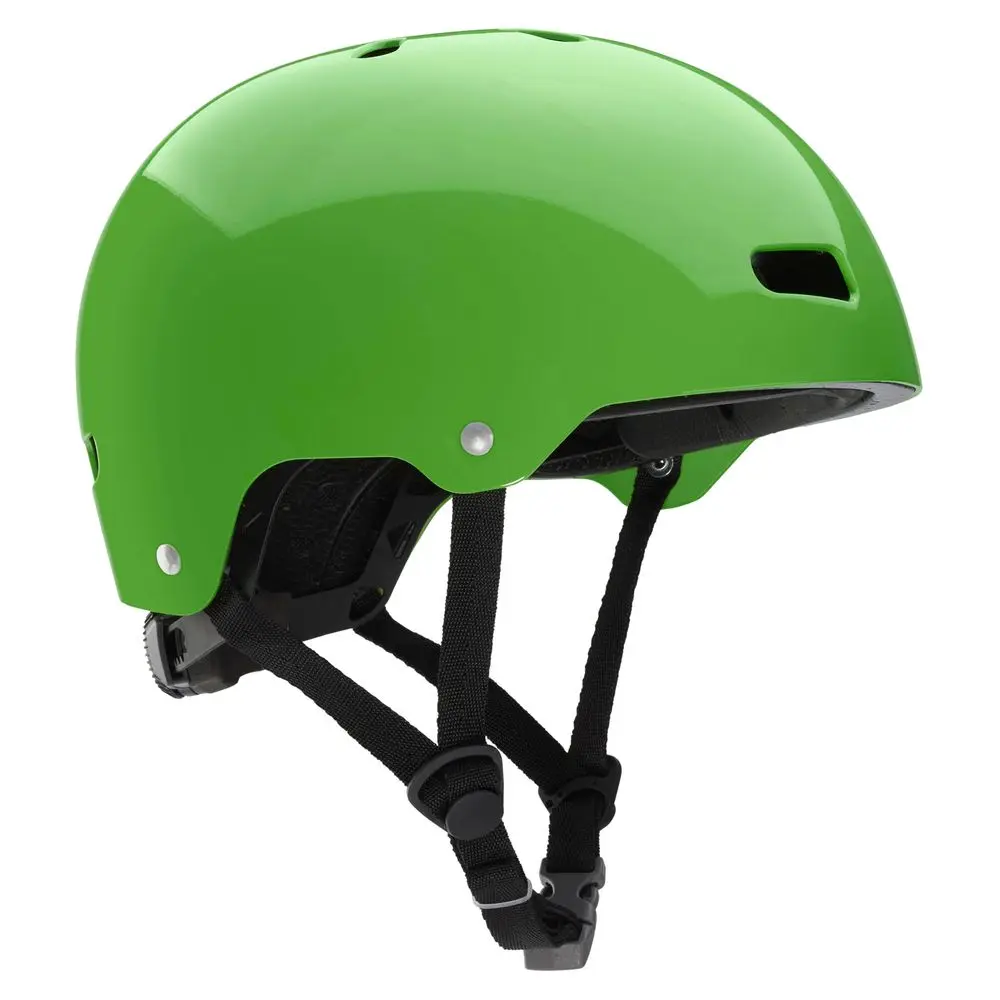 Front-right side view of the NRS Via Helmet in green, showcasing its sleek design, ventilation ports, and adjustable fit system for water rescue and paddling safety.