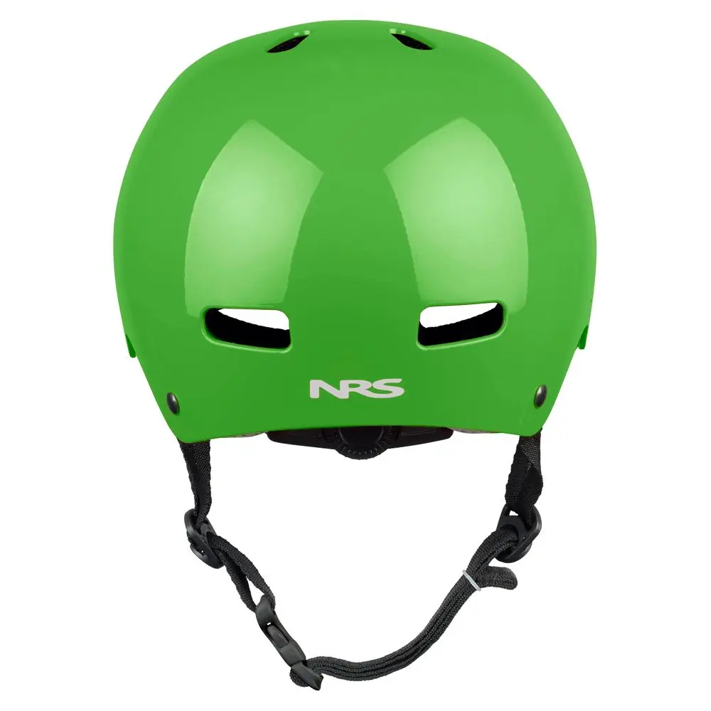 Back view of the NRS Via Helmet in green, showing the adjustable retention system and rear ventilation openings for comfort and secure fit during water rescue or paddling.