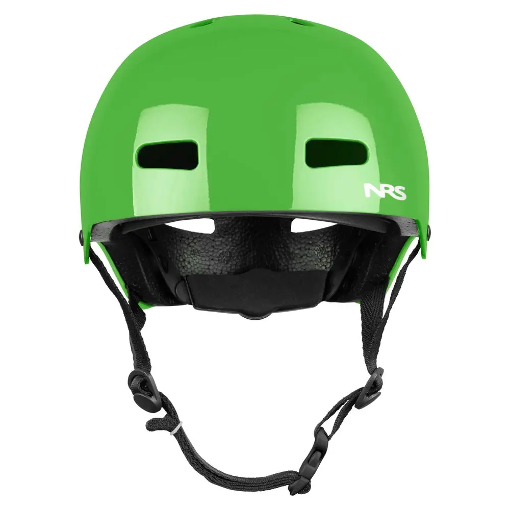 Front view of the NRS Via Helmet in green, displaying its protective shell, ventilation openings, and ergonomic design for water rescue and paddlesport safety.