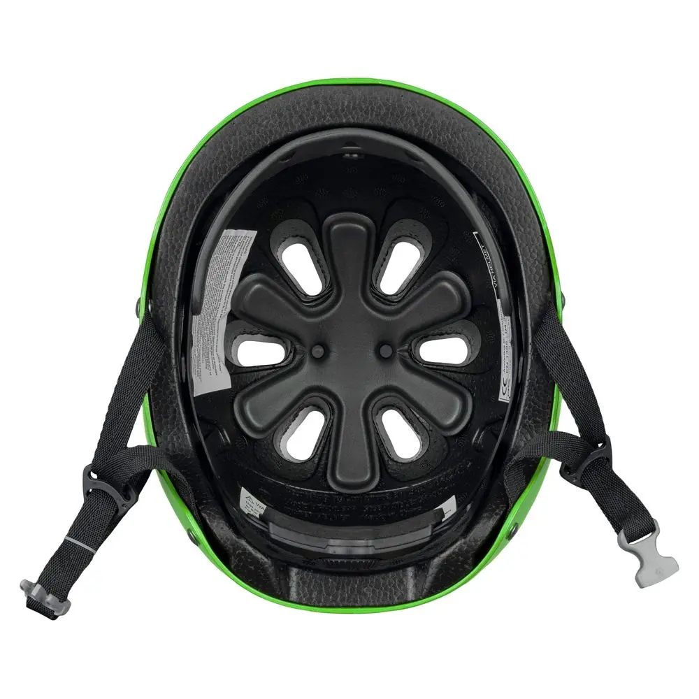 Bottom view of the NRS Via Helmet in green, showing the adjustable interior straps, padding, and secure fit system for comfort and safety during water rescue activities.