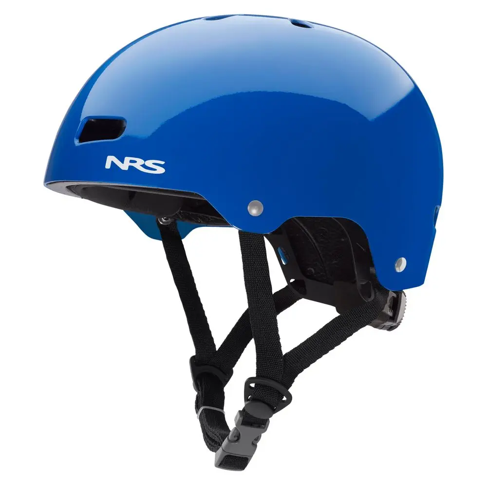 Front-left side view of the NRS Via Helmet in blue, showcasing its sleek design, ventilation ports, and adjustable fit system for water rescue and paddling safety.