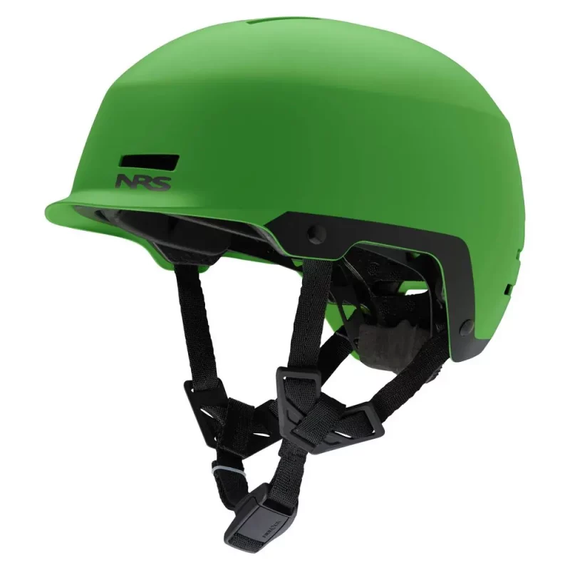 Front-left side view of the NRS Neso Helmet in green, showcasing its streamlined protective shell, ventilation ports, and adjustable fit system for water rescue and paddlesport safety.