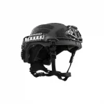 Front-side view of Team Wendy® RIFLETECH™ Helmet in black showcasing streamlined ballistic shell, mounting rails, and visor integration.