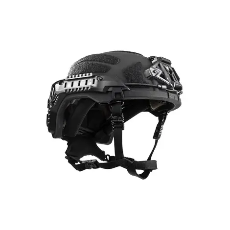 Front-side view of Team Wendy® RIFLETECH™ Helmet in black showcasing streamlined ballistic shell, mounting rails, and visor integration.